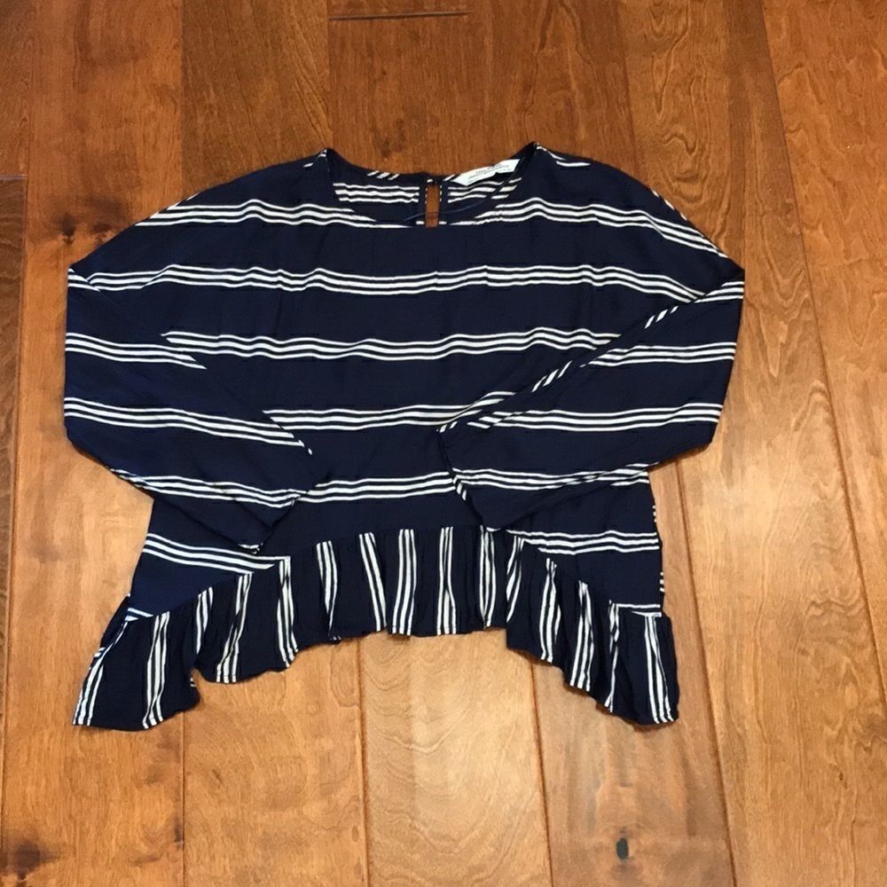 Zara Premium Denim Collection High Low Viscose Navy and White Stripe Top Size S
